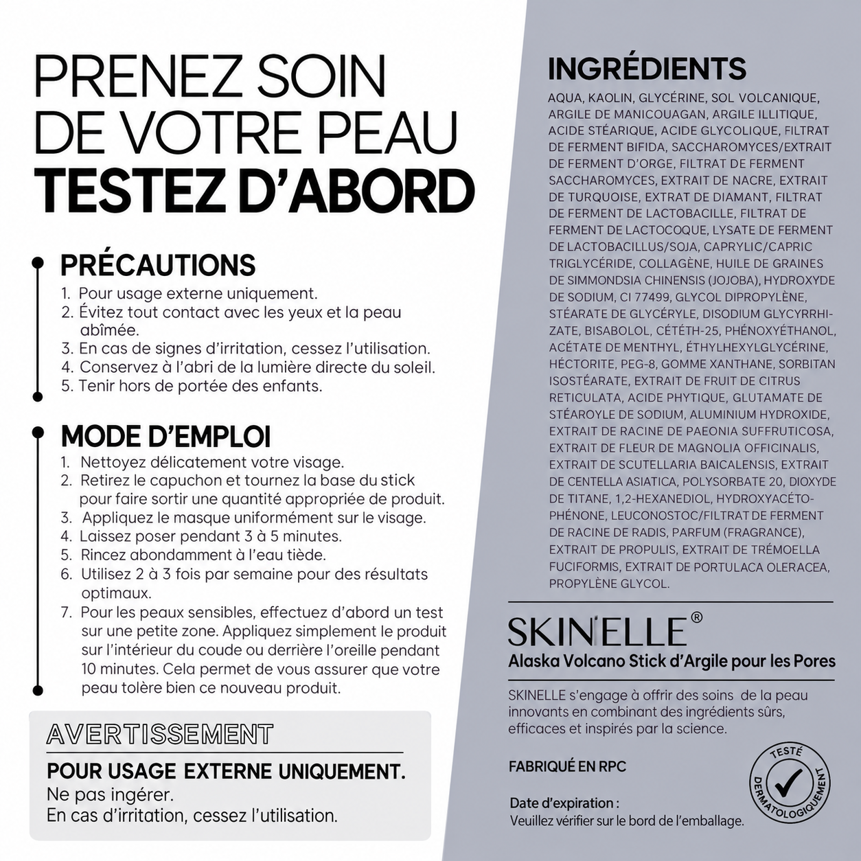 SKINELLE Stick d’Argile Purifiant pour les Pores